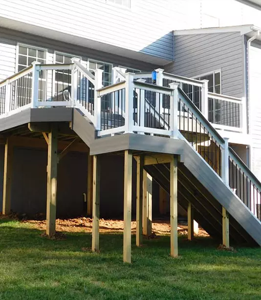 Elevated deck with wooden support posts